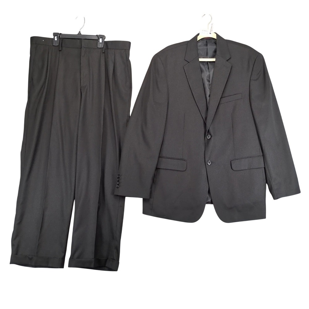 Merona Black 2pc Suit Mens 46R Jacket 38x30" Pleated Pants Classic Business